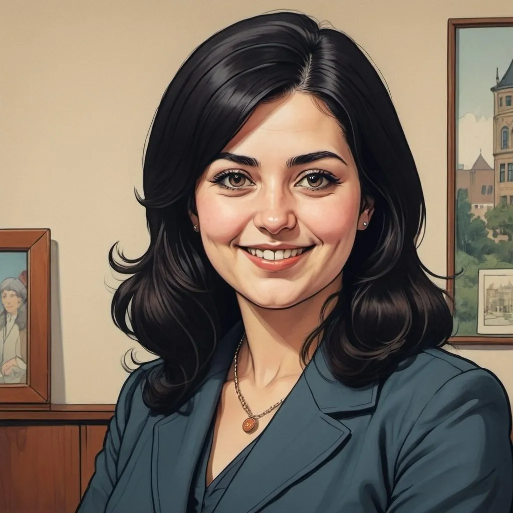 Prompt: an 1970's manga style painting of a 30 years old happy slightly chubby modern educated secular dark haired, turkish woman who is the minister of health in the Netherlands