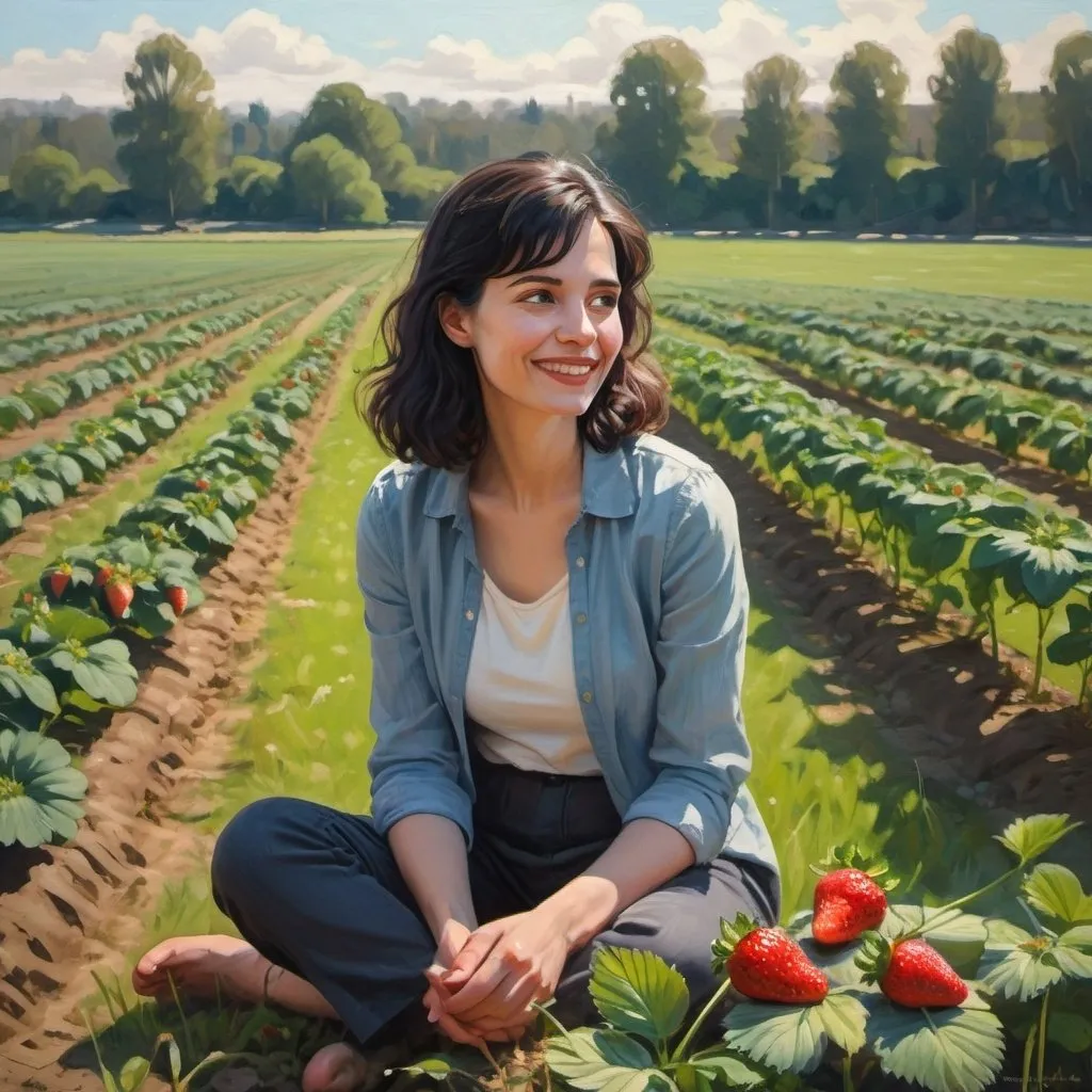 Prompt: a gentle painting of a happy modern educated secular dark haired woman sitting talking wirh the strawberry fields in the field, spring time, sunshine, gentle lines