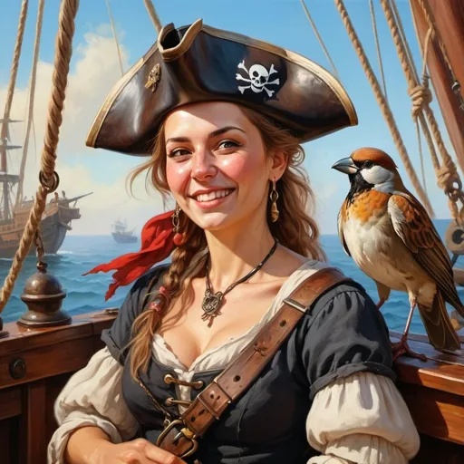 Prompt: a rennaisance style detailed painting of a beautiful happy tough Polish woman, pirate, with a sparrow on her shoulder, on a ship. Nuanced facial expressions, sun, hope, sea, love