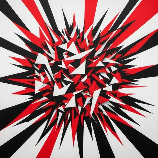 Prompt: Create an abstract geometric representation of Impulsive Child Mode, depicting chaos, rebellion, and lack of control. Use sharp, erratic shapes and jagged lines to symbolize impulsivity and recklessness. Incorporate bold, contrasting colors like reds, blacks, and bright neons to represent defiance, rage, and risky behavior. Include disjointed or fragmented elements to reflect rash decisions and instability. The overall composition should feel dynamic, unrestrained, and turbulent, capturing the essence of impulsivity and carelessness.