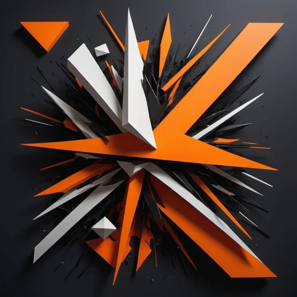 Prompt: Create a 3d abstract geometric representation of Impulsiveness, depicting chaos, rebellion, and lack of control. Use sharp, erratic shapes and jagged lines to symbolize impulsivity and recklessness. Incorporate bold, contrasting colors like dark oranges, blacks, and bright neons to represent defiance, rage, and risky behavior. Include disjointed or fragmented elements to reflect rash decisions and instability. The overall composition should feel dynamic, unrestrained, and turbulent, capturing the essence of impulsivity and carelessness.