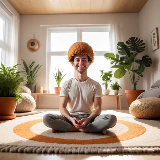 Prompt: a smiling realistic human with Dutch croquette head sitting on a carpet to meditate, in a tidy cosy room with much sunshine and some plants, happy, serene, content