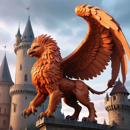 Prompt:  mythological griffin, soaring from a grand gothic castle, wings spread wide, (vibrant orange and red tones), dramatic sky at dawn, dynamic motion effect, intricate castle architecture, (highly detailed), epic atmosphere, immersive fantasy setting, enchanting background.