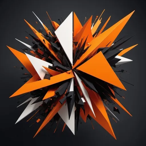 Prompt: Create a 3d abstract geometric representation of Impulsiveness, depicting chaos, rebellion, and lack of control. Use sharp, erratic shapes and jagged lines to symbolize impulsivity and recklessness. Incorporate bold, contrasting colors like dark oranges, blacks, and bright neons to represent defiance, rage, and risky behavior. Include disjointed or fragmented elements to reflect rash decisions and instability. The overall composition should feel dynamic, unrestrained, and turbulent, capturing the essence of impulsivity and carelessness.