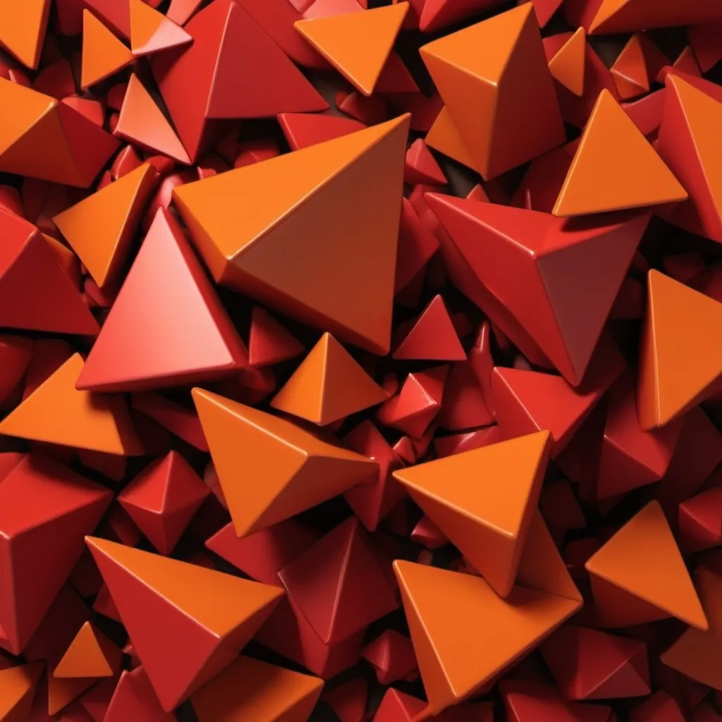 Prompt: a 3d model of aggressive, jagged geometric forms—such as fierce, intersecting triangles and explosive shards—that convey extreme rigidity and dominance. The color palette features fiery reds and intense oranges, symbolizing raw aggression and rebelliousness. The composition is chaotic and confrontational, with clashing shapes and bold contrasts, illustrating the dramatic, forceful reactions and obsessive control attempts characteristic of this mode.