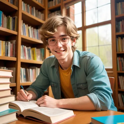 Prompt: (manga 1970's style), happy Dutch male student, left-handed, studying in a library, surrounded by books, spring ambiance, sunlight streaming through windows, (vibrant colors), detailed facial expressions, warm and cheerful atmosphere, cozy library interior, vintage 1970s aesthetic, (ultra-detailed), bright yet soft lighting, evoking a sense of enthusiasm and joy in learning.