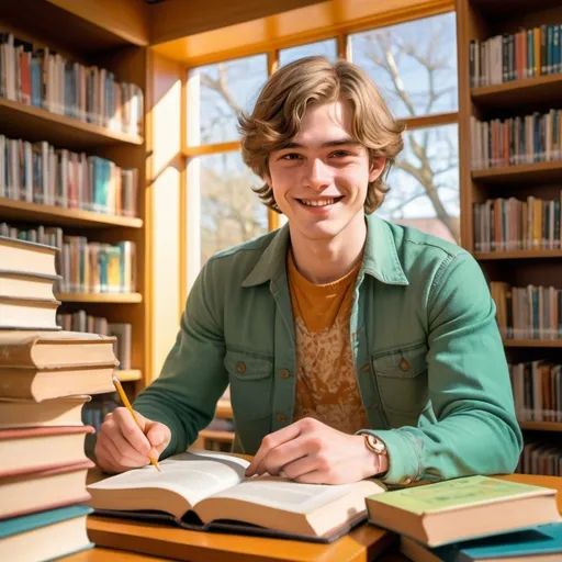 Prompt: (manga 1970's style), happy Dutch male student, studying in a library, surrounded by books, spring ambiance, sunlight streaming through windows, (vibrant colors), detailed facial expressions, warm and cheerful atmosphere, cozy library interior, vintage 1970s aesthetic, (ultra-detailed), bright yet soft lighting, evoking a sense of enthusiasm and joy in learning.