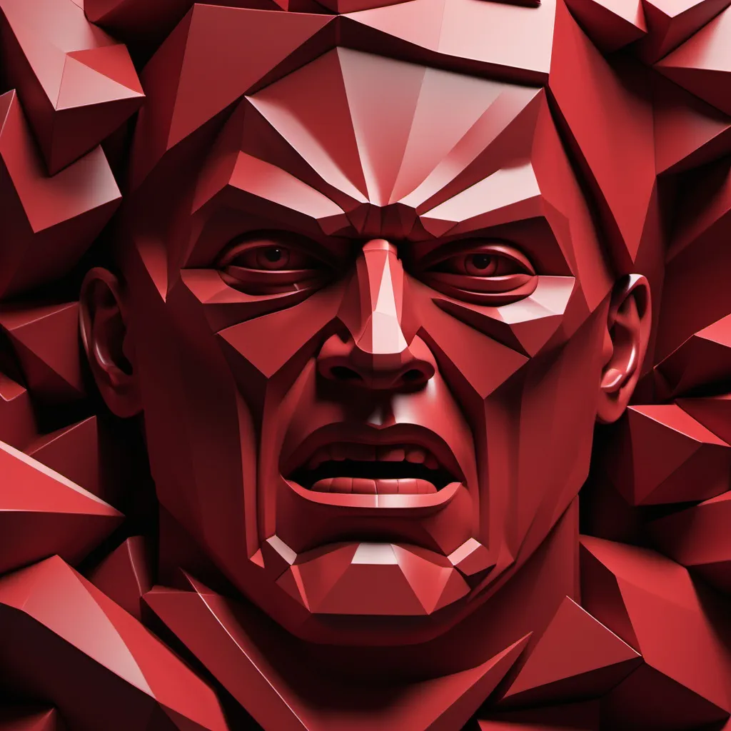 Prompt: Create a 3d abstract geometric representatio of deep anger [dark red], driven by feelings of victimization, bitterness, and negativity, often leading to pessimism, jealousy, and rage.  urge to yell, scream, break things, or even harm themselves or others. intense anger, anxiety, frustration, self-doubt, and a sense of being unsupported and vulnerable.