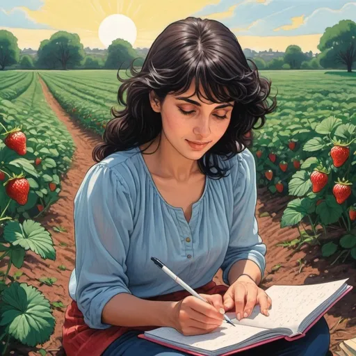 Prompt: an 1980's manga style painting of a 30 years old happy round faced modern educated secular dark haired, middle eastern woman sitting writing a diary in hugh strawberry fields, spring time, sunshine, gentle lines, strawberries