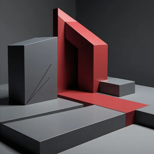 Prompt: a 3d model of harsh, angular geometric forms—such as rigid, sharp-edged rectangles and severe lines—that convey a sense of relentless judgment and punishment. The color palette includes dark, somber shades like deep reds and grays, reflecting sadness, anger, and impatience. The design features intersecting, oppressive shapes and a lack of smooth transitions, illustrating the rigidity and unforgiving nature of this mode. The overall composition is harsh and unforgiving, symbolizing the relentless demand for perfection and the harsh self-criticism associated with this schema.