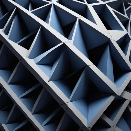 Prompt: a rigid, imposing 3D geometric form—such as a towering, angular prism or an elaborate, interlocking lattice. The structure is characterized by sharp edges and complex facets, symbolizing relentless pressure and an unyielding focus on achievement. The color scheme features stark, intense hues like steely grays and deep blues, reflecting a constant drive for performance and a sense of dissatisfaction. The form’s intricate, tightly packed design emphasizes the relentless pursuit of goals and the dismissal of rest or relaxation, while avoiding the harshness of guilt or worthlessness associated with the Punitive Parent.