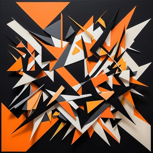 Prompt: Create an abstract geometric representation of Impulsiveness, depicting chaos, rebellion, and lack of control. Use sharp, erratic shapes and jagged lines to symbolize impulsivity and recklessness. Incorporate bold, contrasting colors like dark oranges, blacks, and bright neons to represent defiance, rage, and risky behavior. Include disjointed or fragmented elements to reflect rash decisions and instability. The overall composition should feel dynamic, unrestrained, and turbulent, capturing the essence of impulsivity and carelessness.