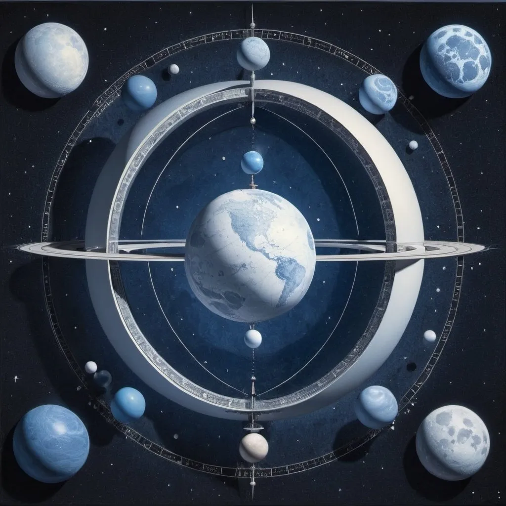 Prompt: celestial sphere with 2 moons and 4 planets in blue and white tones