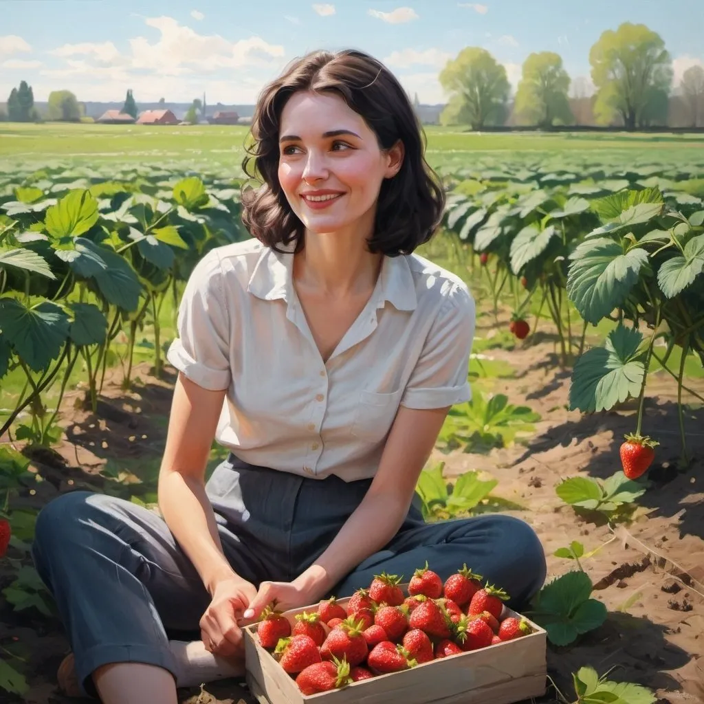 Prompt: a gentle painting of a happy modern educated secular dark haired woman sitting talking to strawberries in the field, spring time, sunshine, gentle lines
