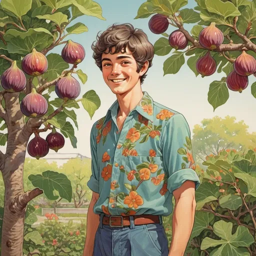 Prompt: manga 1970's style), painting, happy short haired man standing next to a fig tree, (vibrant colors), detailed facial expressions, warm and cheerful atmosphere, spring, vintage 1970s aesthetic, (ultra-detailed), bright yet soft lighting, evoking a sense of enthusiasm and joy in gardening.