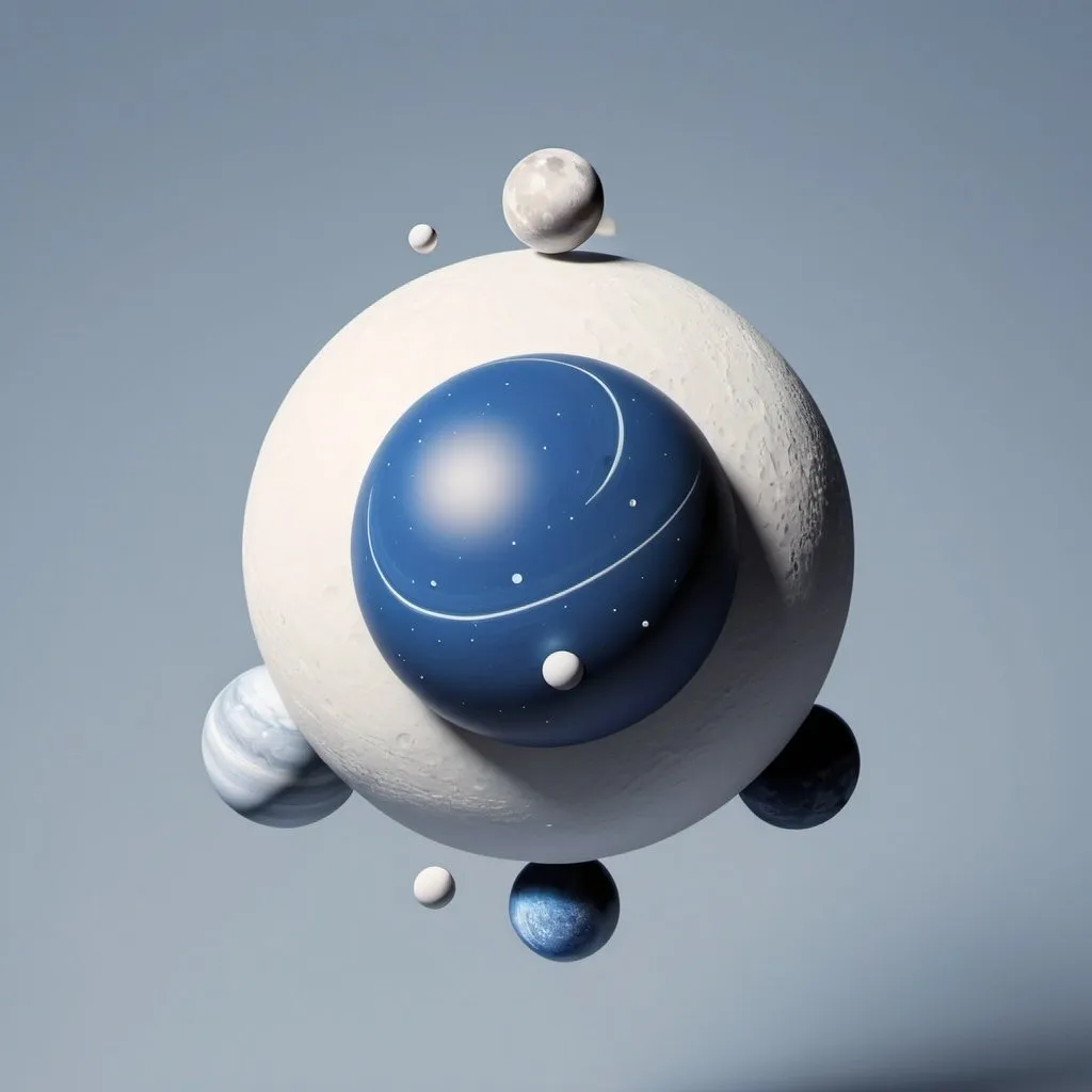 Prompt: Minimalistic digital art of a 3d ball containing 4 moons and 6 planets, blue and white