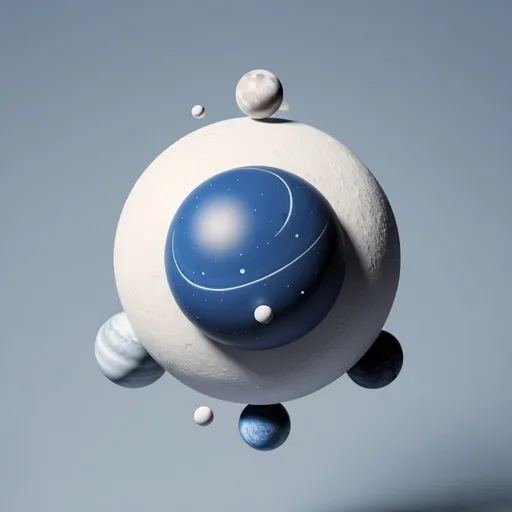 Prompt: Minimalistic digital art of a 3d ball containing 4 moons and 6 planets, blue and white