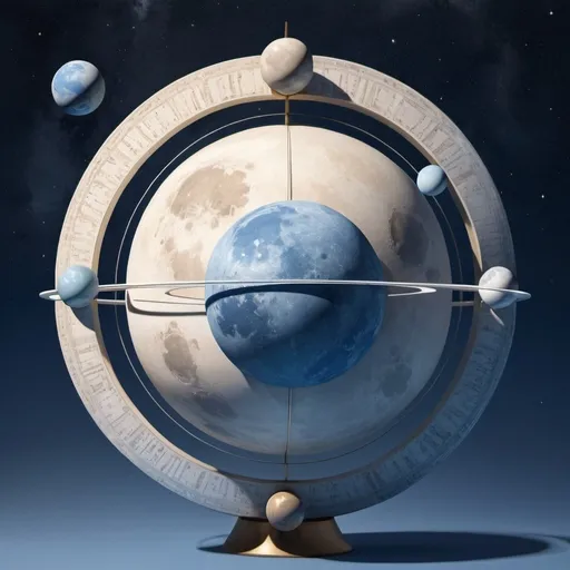 Prompt: celestial sphere with 2 moons and 4 planets in blue and white tones