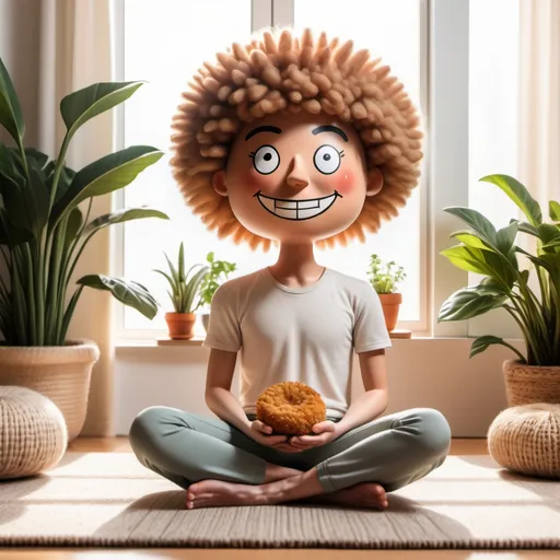 Prompt: a smiling realistic human with Dutch croquette head sitting on a carpet to meditate, in a tidy cosy room with much sunshine and some plants, happy, serene, content