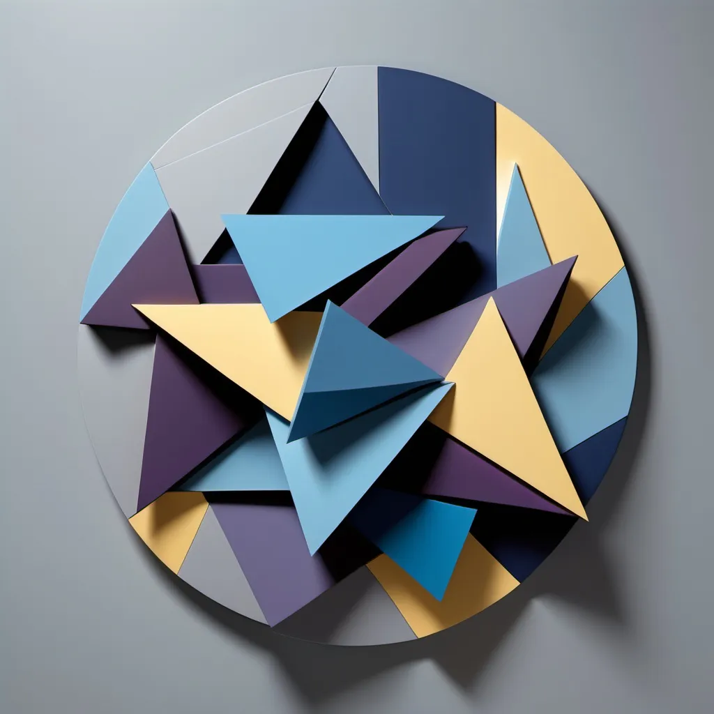 Prompt: a 3d composition of overlapping, irregular geometric shapes, such as fractured circles, triangles, and jagged lines, to symbolize feelings of defectiveness and inner conflict. The primary color palette includes muted blues, grays, and dark purples, representing depression, loneliness, and pessimism. Sharp, fragmented edges suggest the perception of flaws and a sense of brokenness.

In contrast, occasional bright, sharp shapes in reds and yellows emerge sporadically, symbolizing hidden insecurities and a facade of egotism or attention-seeking behavior. A central void or disconnected space emphasizes isolation, while distant, sharp elements around the edges represent pushing others away despite a yearning for connection. The overall arrangement feels tense, disjointed, and conflicted, capturing the push-pull of a “me against the world” mentality.