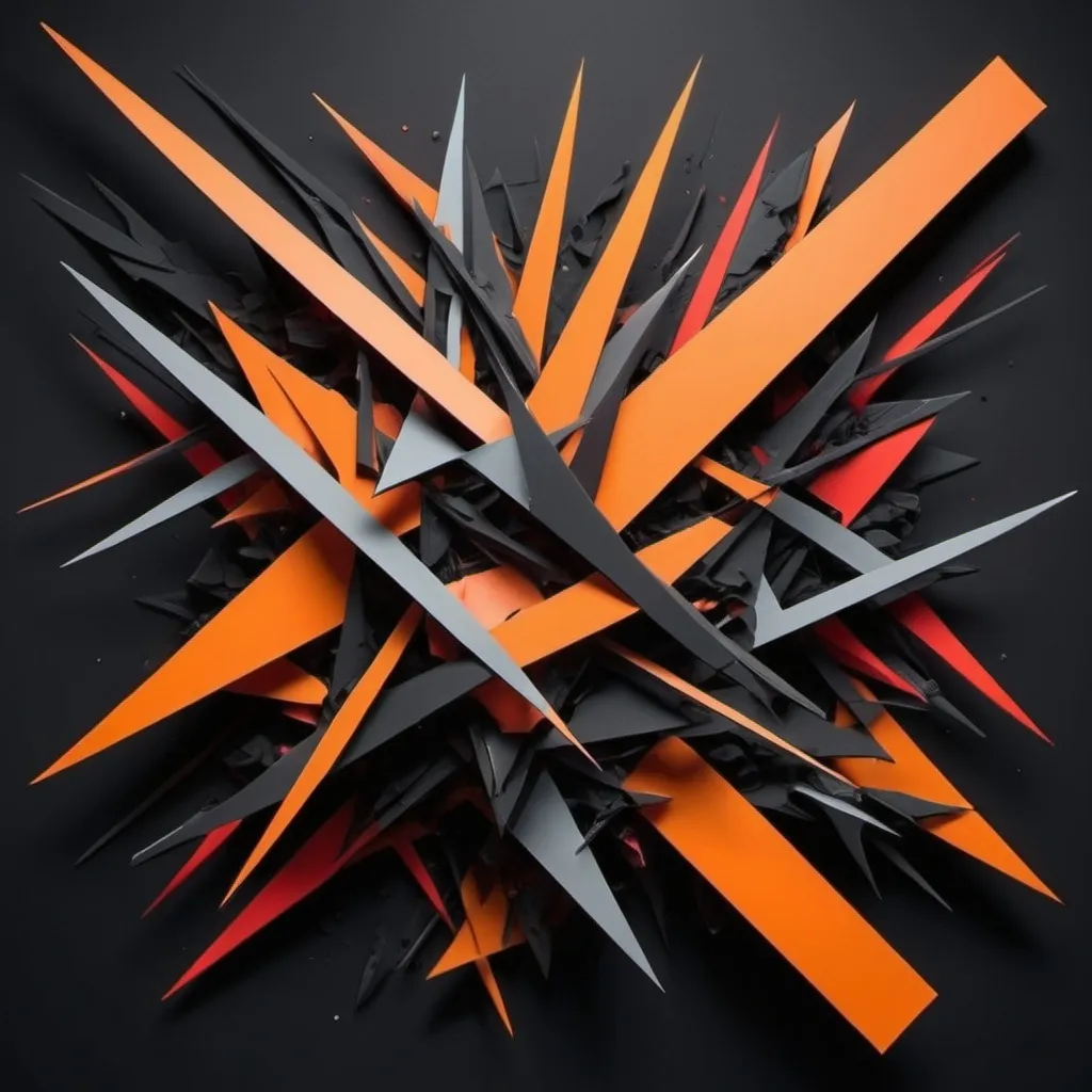 Prompt: Create a 3d abstract geometric representation of Impulsiveness, depicting chaos, rebellion, and lack of control. Use sharp, erratic shapes and jagged lines to symbolize impulsivity and recklessness. Incorporate bold, contrasting colors like dark oranges, blacks, and bright neons to represent defiance, rage, and risky behavior. Include disjointed or fragmented elements to reflect rash decisions and instability. The overall composition should feel dynamic, unrestrained, and turbulent, capturing the essence of impulsivity and carelessness.