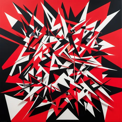 Prompt: Create an abstract geometric representation of Impulsive Child Mode, depicting chaos, rebellion, and lack of control. Use sharp, erratic shapes and jagged lines to symbolize impulsivity and recklessness. Incorporate bold, contrasting colors like reds, blacks, and bright neons to represent defiance, rage, and risky behavior. Include disjointed or fragmented elements to reflect rash decisions and instability. The overall composition should feel dynamic, unrestrained, and turbulent, capturing the essence of impulsivity and carelessness.