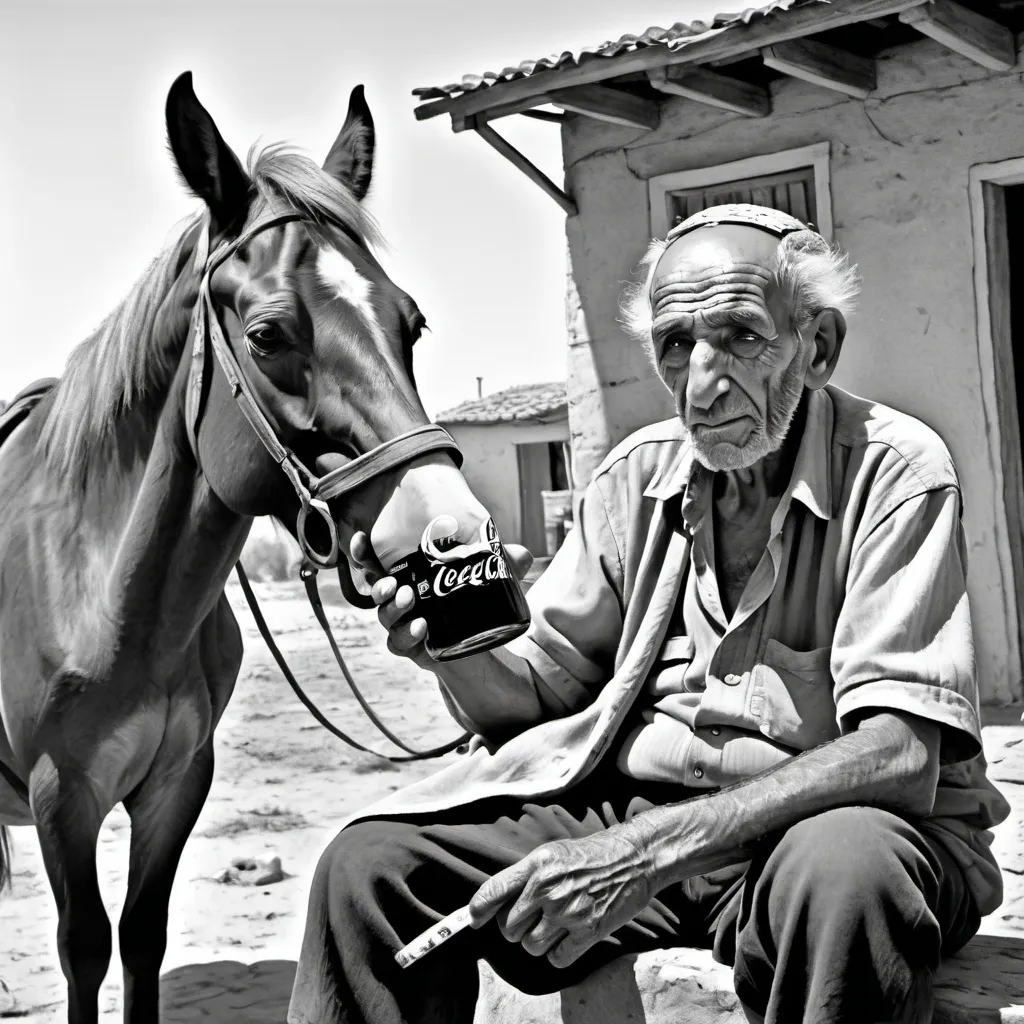 Prompt: a pencil painting of a resolute old poor Ashkenazi man in a Moshav in Israel, sitting next to his old horse, drinking coca cola. detailed facial expressions, summer, sunshine, hope