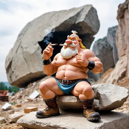 Prompt: Obelix with glass, cigarette in the and, a construction background and a big rock 