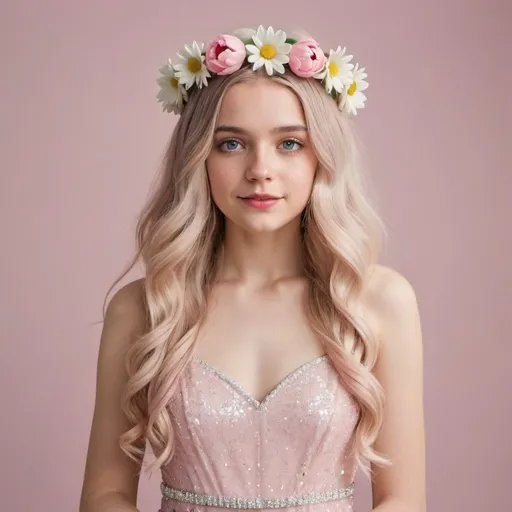 Prompt: Young woman with very white and with long hair that has a tulip flower crown and a dazzling, sparkly baby pink gown and has daisy bracelets