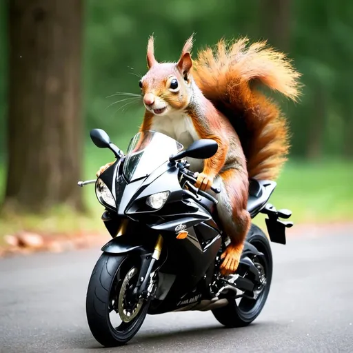 Prompt: a cute squirrel on a yamaha r6 motorcycle