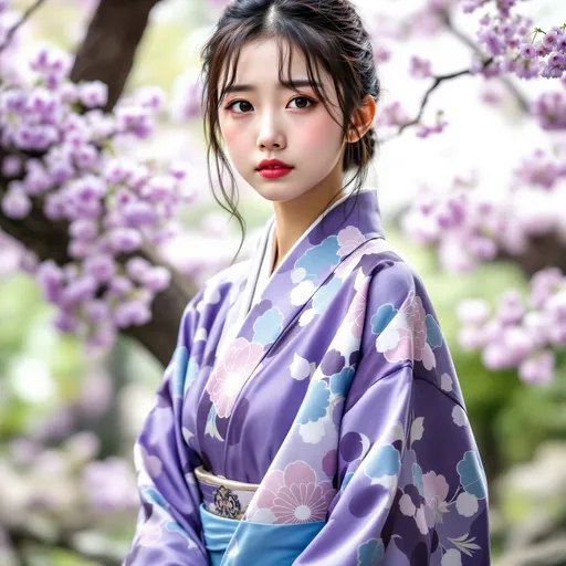 Prompt: Sad very young asian woman staring directly at the camera and wearing japanese traditional clothes, with a japanese garden behind her, with a purple and azure palette.