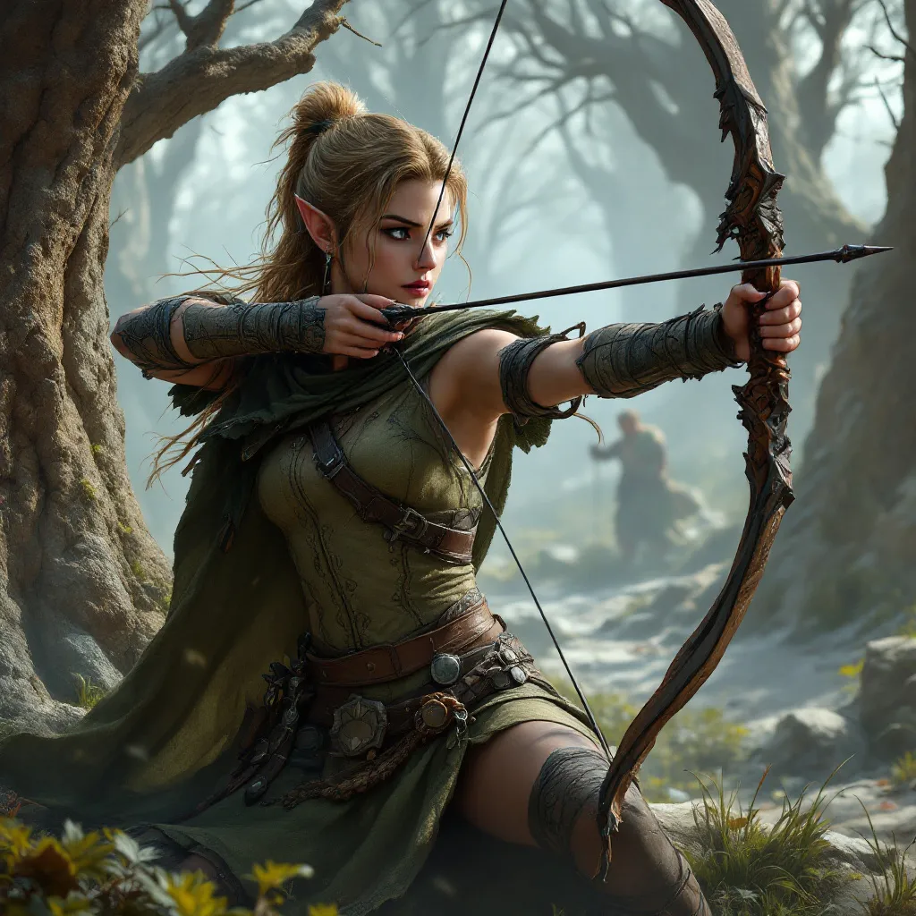 Prompt: elf ranger female, tensing her bow, ruined battlefield