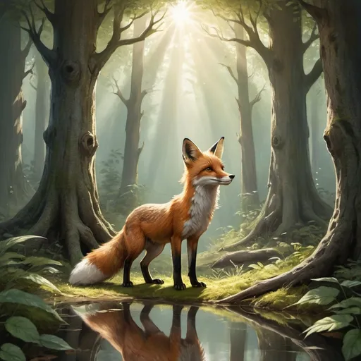 Prompt: Setting: The heart of the ancient forest with tall, whispering trees and sunlight filtering through the leaves.
Main Elements:
Fenn: The curious fox, standing in front of the mirror, nose-to-nose with his reflection. Capture Fenn’s inquisitive and slightly fearful expression.
Mirror: Positioned on the forest floor, reflecting Fenn’s exact image. The mirror should be partially buried and have an enchanted glow.
Background: Trees, plants, and soft sunlight enhancing the enchanted atmosphere. Add details like fallen leaves, small forest plants, and a few distant animals watching from the shadows.
Details: Emphasize the sunlight reflecting off the mirror and the curious yet cautious stance of Fenn.