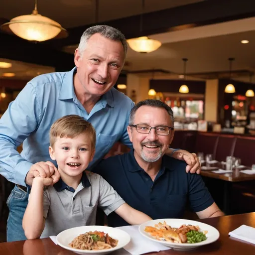 Prompt: dad and boy are win restaurant
