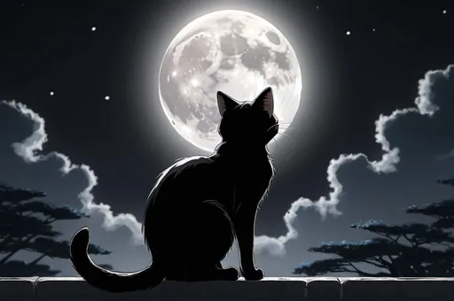 Prompt: black anime cat facing moon
