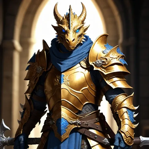 Prompt: a Golden Dragonborn Paladin of Bahamut with blue eyes proudly holding his great sword on his shoulder