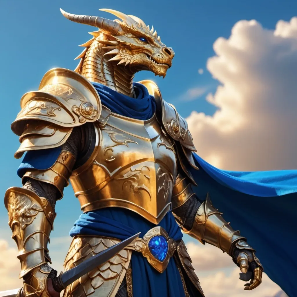 Prompt: gorgeous golden dragonborn paladin in shining plate armor with blue cape holding his great sword and looking at the far horizon on the background of bright blue sky