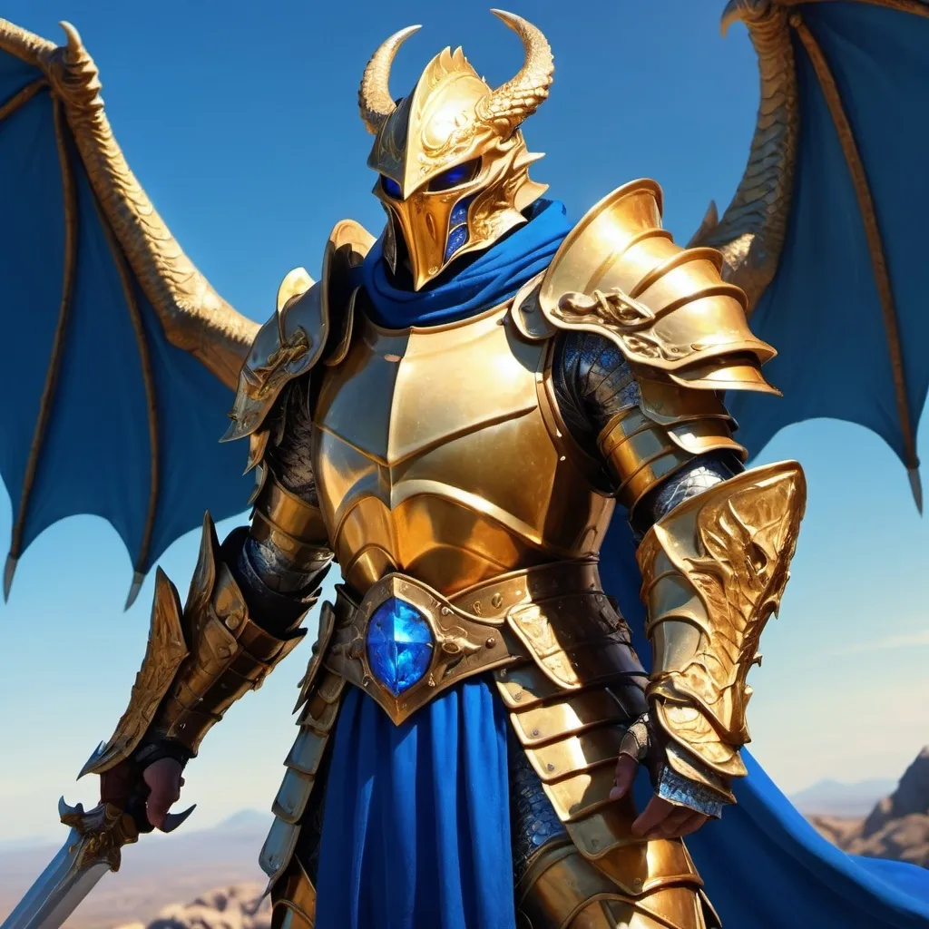 Prompt: gorgeous golden dragonborn paladin in shining plate armor with blue cape holding his great sword and looking at the far horizon on the background of bright blue sky