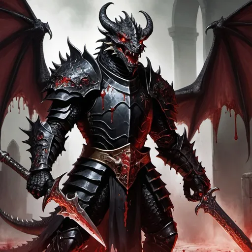 Prompt: a Black Dragonborn with red eyes Paladin of Tiamat rising his great sword covered in blood