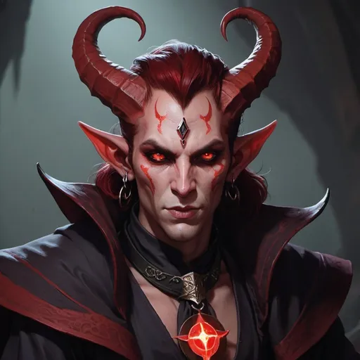 Prompt: a tiefling warlock with demonic red skin red eyes and pointy horns