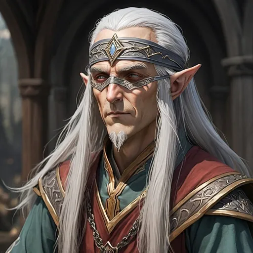 Prompt: an ancient High Elf Cleric of Ilmater with long grey hair and a blindfold 