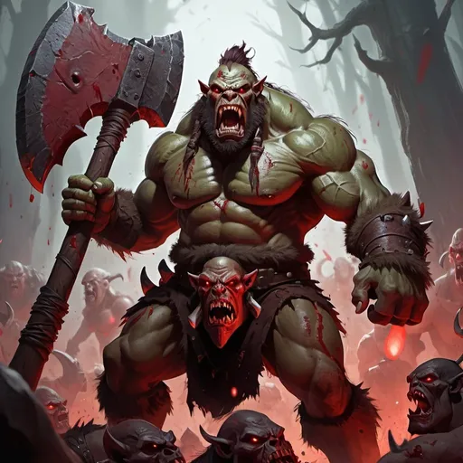 Prompt: a giant orc barbarian with dark red skin and glowing red eyes screaming in rage and holding a great axe covered in blood