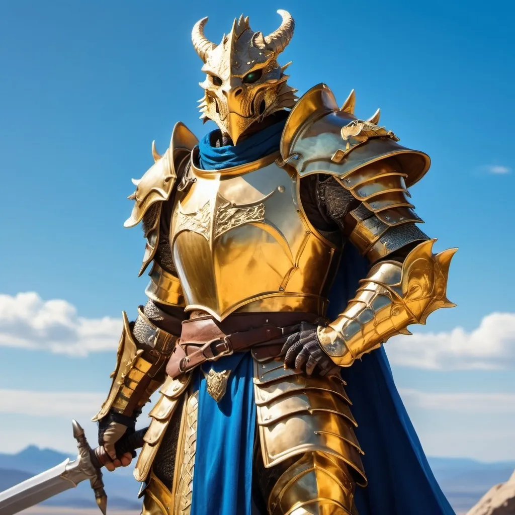 Prompt: gorgeous golden dragonborn paladin in shining plate armor with blue cape holding his great sword and looking at the far horizon on the background of bright blue sky