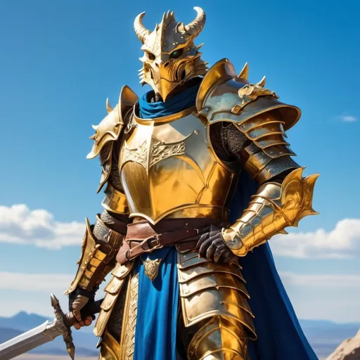 Prompt: gorgeous golden dragonborn paladin in shining plate armor with blue cape holding his great sword and looking at the far horizon on the background of bright blue sky