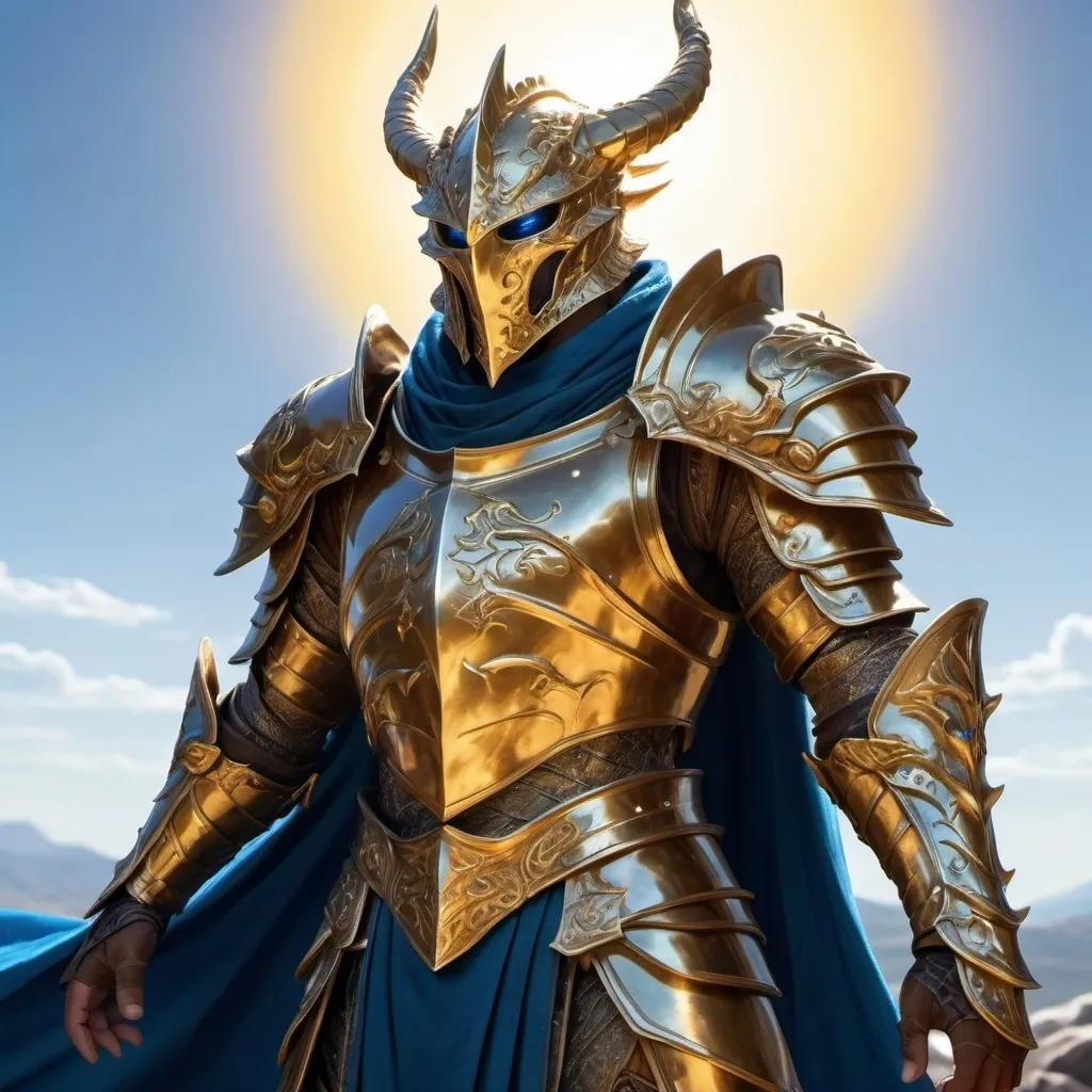 Prompt: gorgeous golden dragonborn paladin in shining plate armor with blue cape holding his great sword and looking at the far horizon on the background of bright blue sky