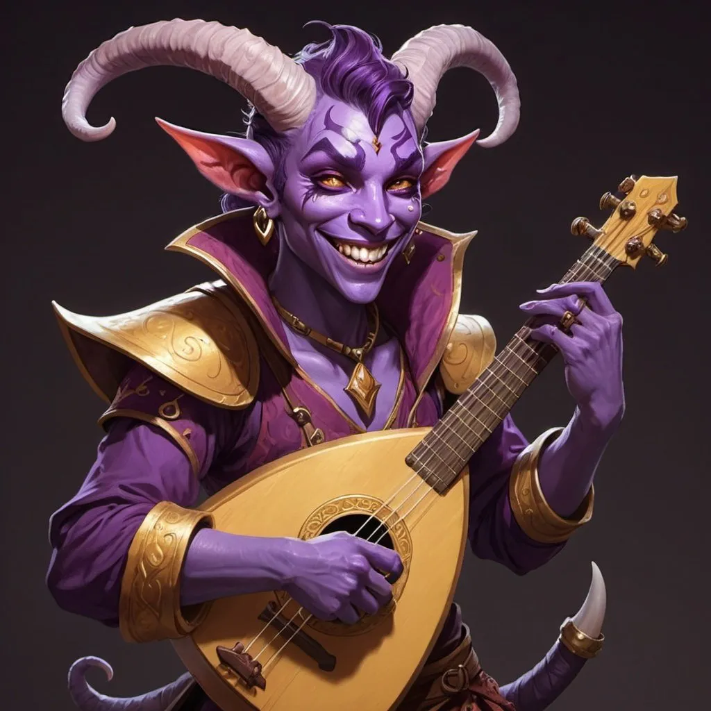 Prompt: a Bard Tiefling with purple skin and golden eyes smiling viciously and holding a lute