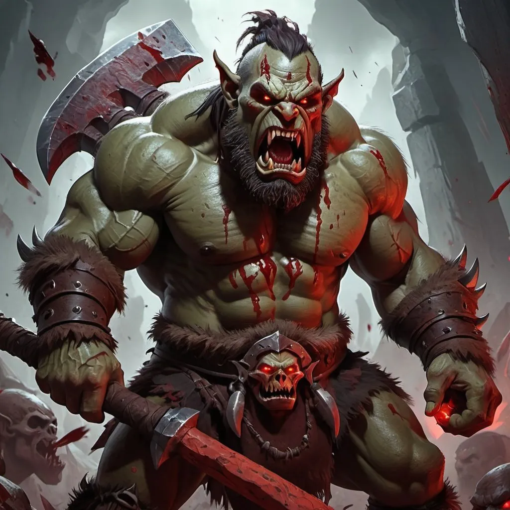 Prompt: a giant orc barbarian with dark red skin and glowing red eyes screaming in rage and holding a great axe covered in blood