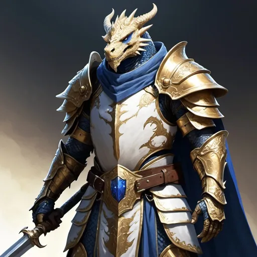 Prompt: a Gold scaled Dragonborn Paladin of Bahamut in shining white armor and blue cape proudly holding his great sword on his shoulder