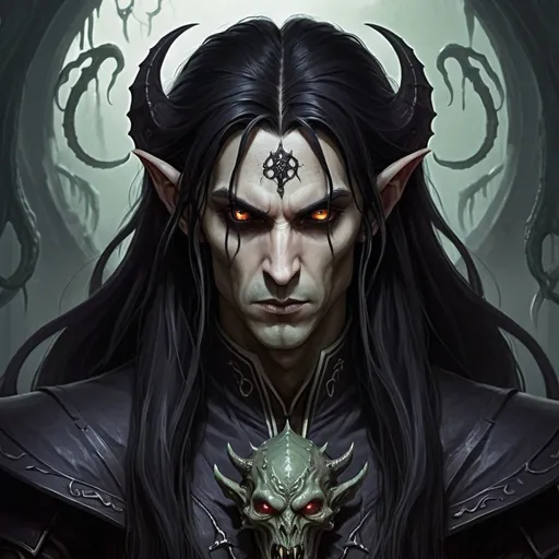 Prompt: a dark elf with long black hair and demonic black eyes acolyte of Cthulhu