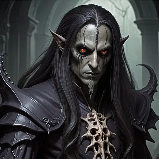 Prompt: a dark elf with long silder hair and demonic black eyes acolyte of Cthulhu